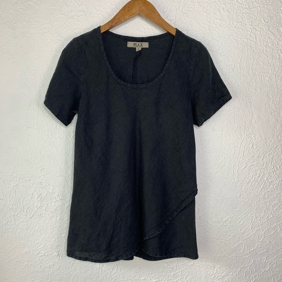 Flax Tops - Flax Black Linen Short Sleeve Overlap Top